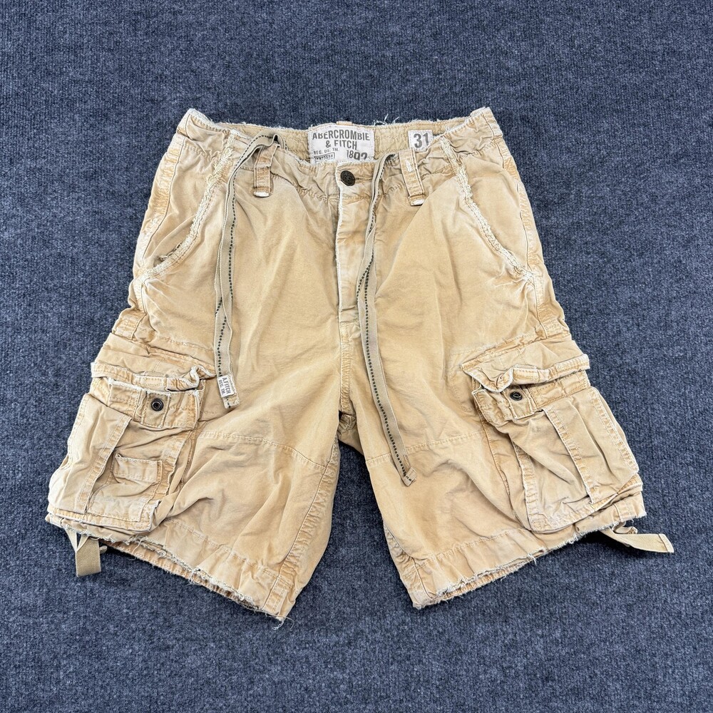 Abercrombie & Fitch Cargo Shorts Mens 31 Beige Distressed Elastic Waist Pockets
